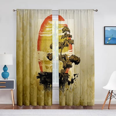 Lantaarn met Pruimenbloesem in Chinese Stijl Rode Tule Gordijnen voor Woonkamer Slaapkamer Tule Gordijnen Raam Draperieën Transparant Voile Gordijn 1 PCS W100XH250cm&Grommet Top
