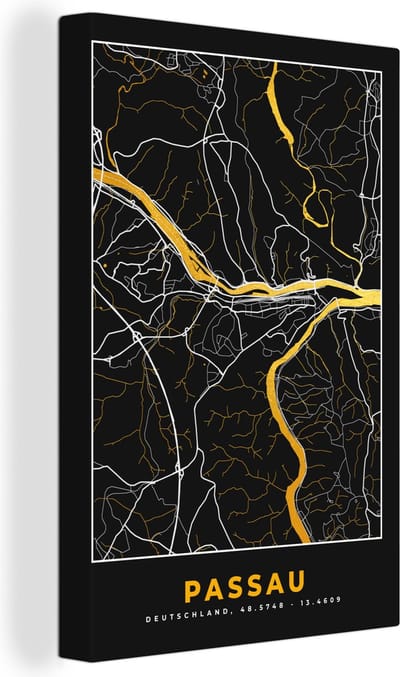 Canvas Schilderij Stadskaart – Plattegrond – Duitsland – Goud – Passau – Kaart - 20x30 cm - Wanddecoratie