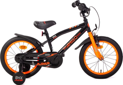 AMIGO BMX Jump Jongensfiets 16 Inch - Kinderfiets voor 4 tot 6 Jaar - 100-115 cm - Met Zijwieltjes - Zwart/Oranje