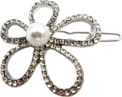 Haarsoires Haarspeld Haarclip 3,5cm - Bloem - Parel Strass Steentjes - Wit Zilver - Hair Clip - Decoratieve Haaraccessoire