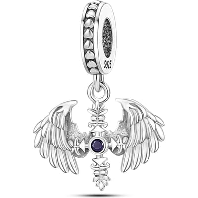 Fler® | Bedel | Past op populaire bedelarmbanden (standaard - 3mm) | Engelenvleugels & Kruis Bedel | Hangbedel Charm | 925 sterling zilver | Paarse zirkonia | Armband Kraal | Valentijnsdag Cadeau | Sinterklaas kado | Kerstcadeau | Verjaardagsgeschenk