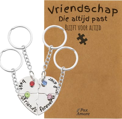 BFF Sleutelhanger voor 4 'Vriendschap die altijd past' - Hartje Puzzelstukjes & Kristal - Sleutelhanger set op Cadeau Kaartje - Zilverkleurig - Vriendschap Symbool - Pax Amare
