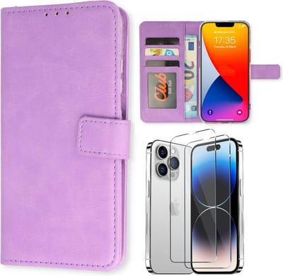 Casemania Hoesje Geschikt voor Apple iPhone 15 Paars & 2X Glazen Screenprotector- Portemonnee Book Case - Kaarthouder & Magneetlipje