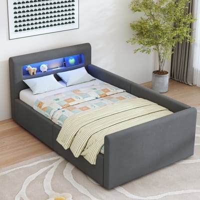 Gutent Kinderbed - 90*200 cm - met LED verlichting - USB oplaadpoort - met legplanken - hydraulische opbergruimte - velours stof -Donkergrijs - Zonder matras