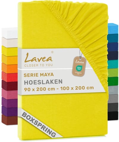 Lavea® Hoeslaken 90x200cm 100% Katoen – Hoge Hoek 35 cm voor Dikke Matrassen – met Elastiek Rondom in Jersey – voor Boxspring – Zonnegeel
