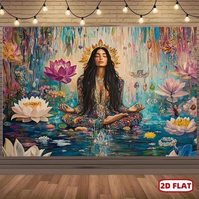 Meditatie Vrouw Lotusbloem Wandkleed Spirituele Kunst Yoga Decor Boho Wandhanger Kleurrijk Waterlandschap Woonkamer Print 70x100CM gray
