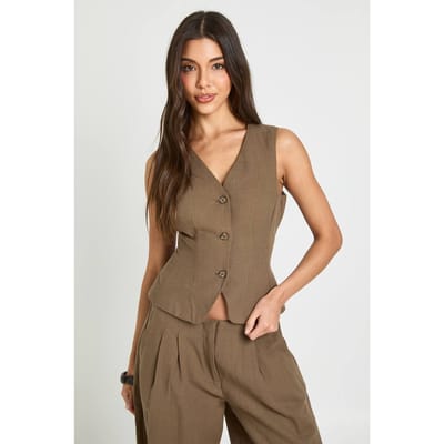 boohoo Dames Gilet Met Linnen Look | Brown | Maat: 8