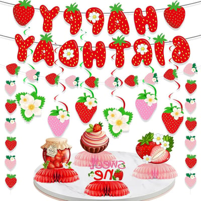 Feest Kits Aardbei Thema Versieringen – 12 Delige Decoratieset met Jarig Banner, Spiralen en Honingraatballen – Rood – Perfect voor Verjaardagen, Fruit Thema Feesten, Babyshowers en Feestdecoratie