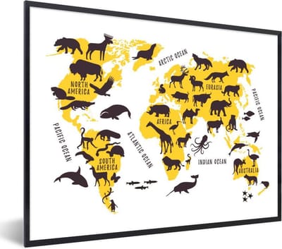 Fotolijst incl. Poster - Wereldkaart - Dieren - Geel - 80x60 cm - Posterlijst