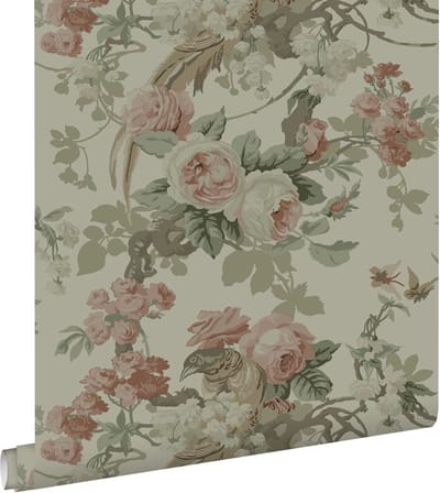 ESTAhome behang bloemen en vogels vergrijsd groen - 50 x 900 cm - 139810