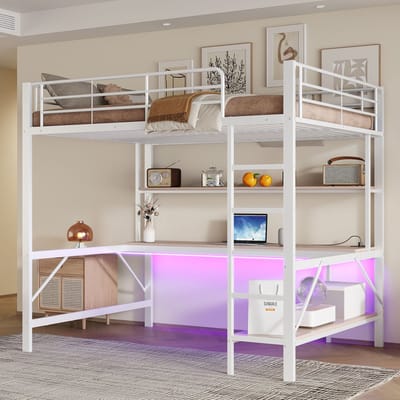 DESMIU Hoogslaper 140x200 cm – Met Bureau, Rek, LED-Verlichting, USB en Stopcontact – Met Trap en Hek – Zonder matras – Metaal en MDF – Wit