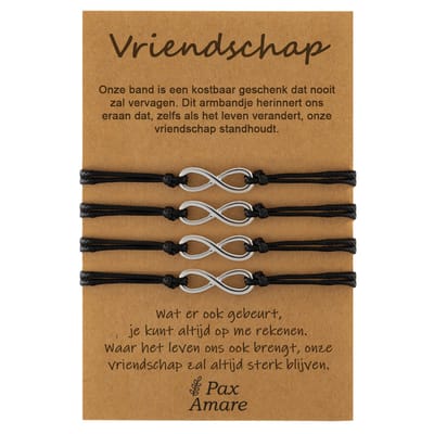 Vriendschapsarmbandjes voor 4 "Vriendschap" - Oneindigheidsteken - BFF Armbandjes met Cadeau Kaartje - Zilverkleurig - Elastisch Verstelbaar - Pax Amare