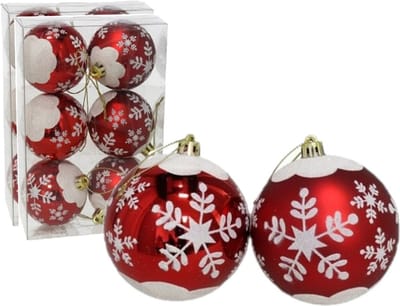 12x stuks gedecoreerde kerstballen rood kunststof diameter 6 cm - Kerstboom versiering
