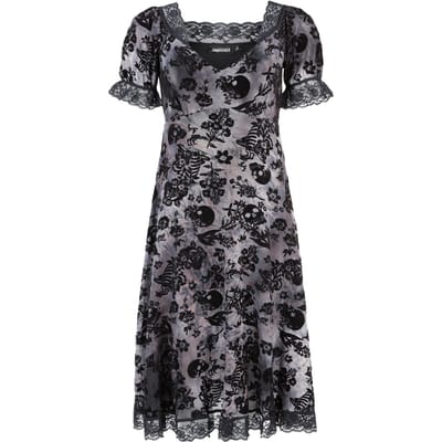 Jawbreaker - Gothic Midi-jurk - Flocked Skull Lace Trim Midi Dress - XS tot XL - voor Vrouwen - zwart-grijs