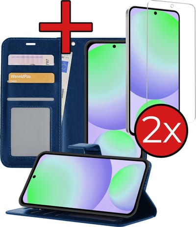 Hoesje - Met 2x Screenprotector - Geschikt voor Samsung Galaxy S24 FE - Luxe Pasjeshouder - Flip Case - Bookcase Portemonee - Kunstleer Book Case - Flipcase Hoes - Book Cover - Walletcase - Portemonneehoes - Telefoonhoes - Donkerblauw