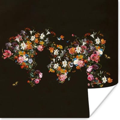 Poster Wereldkaart - Rozen - Lelie - Bloemen - 100x100 cm XXL