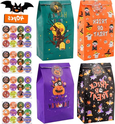 40 Stuks Halloween Cadeautassen van Kraftpapier - Kleine Snoepzakjes met Stickers voor Feestjes en Decoratie