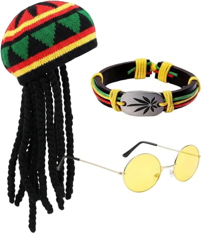 Dailygoods - 3 stuks dreadlocks pruik, dreadlocks muts-set, hippiekostuum, accessoires met reggae hoed, glazen, accessoires voor volwassenen, cosplay, carnaval, themafeest, maskerade