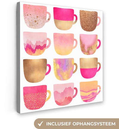 Canvas schilderij 20x20 cm - Wanddecoratie Design - Koffiekop - Roze - Patronen - Muurdecoratie woonkamer - Slaapkamer decoratie - Kamer accessoires - Schilderijen op canvas