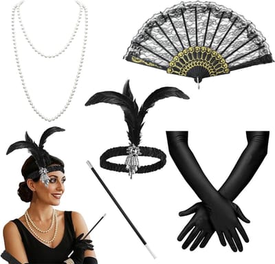 Elegante lange flapperhandschoenen voor vrouwen met ketting - Perfect voor carnaval, Halloween en kerst, set van 5