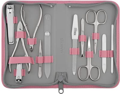 marQus Solingen 12-delige Maniküre & Pediküre Set in Echt Leren Etui - Roze Nagelset voor Hand- en Voetverzorging - Professionele Nagelschaar, Nageltang, Glasvijl & Pincet - Complete Nagelverzorging Set Cadeau voor Dames - Hoogwaardig Solingen Staal