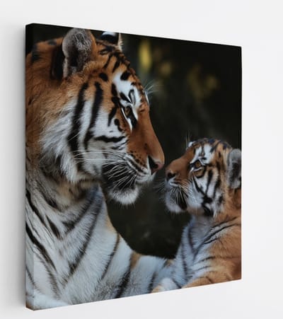 Saammp Canvas Schilderij - Tijger met welp - Natuur - Dieren - 20x20 - Foto op canvas - Wanddecoratie - muurdecoratie Woonkamer - Slaapkamer decoratie - Canvas Print