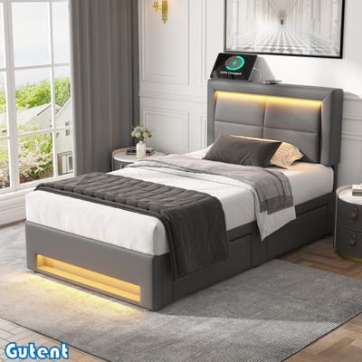Gutent Eenpersoonsbed-90x200 cm-Rechargeable-LED-Verlichting-Vier lades-Geen matras-PU-Grijs