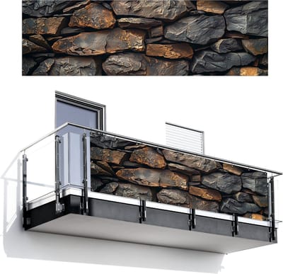 Balkonscherm 300x95 cm - Balkonposter Steenoptiek - Grijs - Bruin - Antraciet - Balkon scherm decoratie - Balkonschermen - Balkondoek zonnescherm