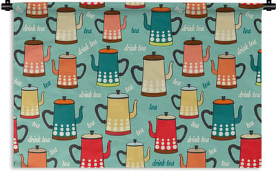 Wandkleed - Wanddoek - Patronen - Thee - Theepot - Vintage - 90x60 cm - Wandtapijt
