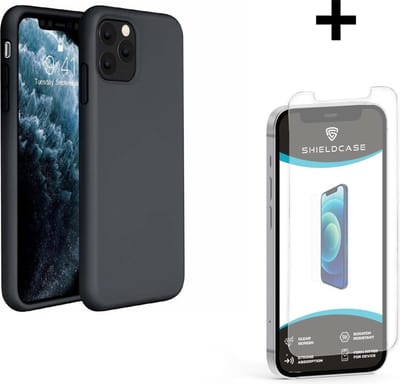 ShieldCase Silicone case geschikt voor Apple iPhone 12 / 12 Pro - 6.1 inch - optimale bescherming - siliconen hoesje - backcover - zwart + glazen Screen Protector