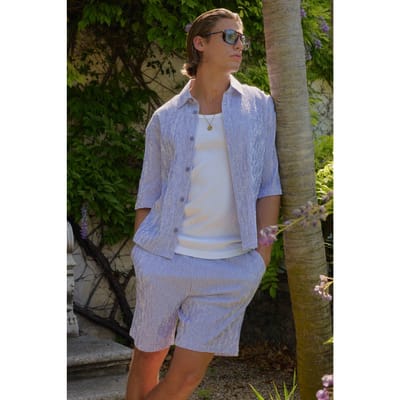 Gestreepte Seersucker Geborduurd Boxy Oversized Shirt & Short Set | Navy | Size XS
