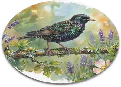 Ronde Muismat "Aquarel Series" Spreeuw met Glinsterend Verenkleed - Lief Tuinvogel Cadeau Artikel met Bloemen voor haar: Vrouw, Vriendin & Collega - Decoratieve Computermuis Mat - Lieve Vogelprint Bureau Accessoire voor Thuiswerkplek & Kantoor