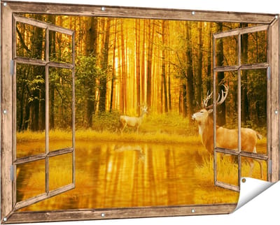 Gards Tuinposter Doorkijk Twee Herten in het Bos bij het Water - 150x100 cm - Tuindoek - Tuindecoratie - Wanddecoratie buiten - Tuinschilderij