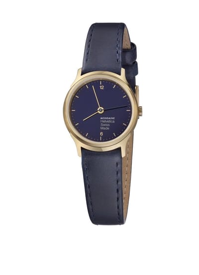 Mondaine Helvetica Light (MH1.L1141.LD) - Goud Stalen Horlogekast, Navy Blue Lederen Horlogeband, Zwitsers Quratz, Dameshorloge: 26MM