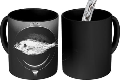 Magische Mok - Foto op Warmte Mokken - Koffiemok - Pan - Vis - Zwart - Wit - Magic Mok - Beker - 350 ML - Theemok