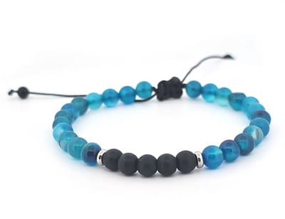 Herenarmband - natuursteen kralen - nylon koord - blauw en zwart - agaat