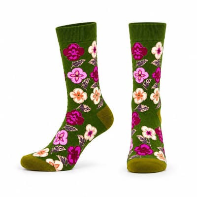Tutti Footi - Vrolijke Sokken met Bloemen - Dames maat 36-41 - Groen/Roze/Flora/Planten/Viooltjes