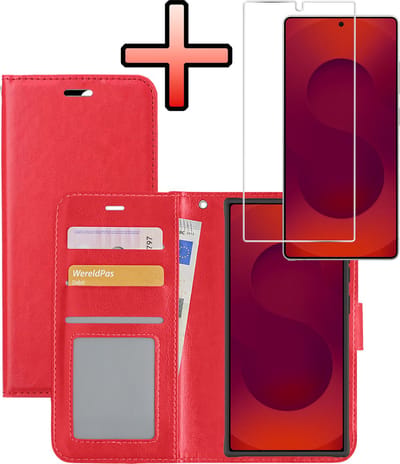 Hoesje - Met Screenprotector - Geschikt voor Samsung Galaxy S25 Ultra - Luxe Pasjeshouder - Bookcase Portemonee - Flip Case - Kunstleer Book Case - Flipcase - Book Cover - Walletcase - Portemonneehoes - Rood