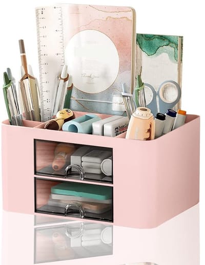 Dailygoods - Jiahuade Bureau-organizer met lade, multifunctionele pennenhouder voor bureau met 7 vakken, bureau-organizer van kunststof voor schrijfwaren, pennenhouder voor kantoor (roze)