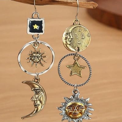 1 Paar Retro Creatieve Maan & Zon Lange Hanger Oorbellen, Mode Sieraden voor Mannen one-size oud gouden kleur