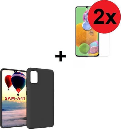 Geschikt voor Samsung Galaxy A41 hoes TPU Siliconen Case hoesje Zwart + 2x Screenprotector Tempered Gehard Glas (2 stuks) Pearlycase