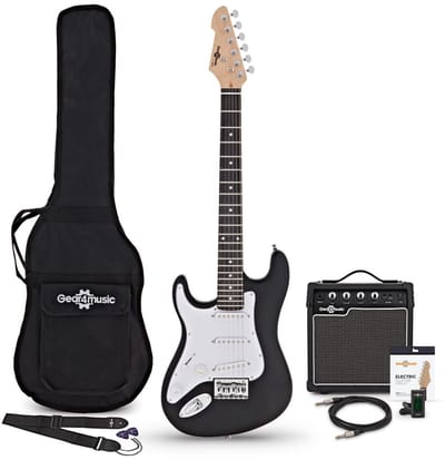 3/4 LA Linkshandige Elektrische Gitaar, Zwart + 10W Gitaarversterker & Accessoireset