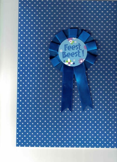 wenskaart - XL wenskaart - blauwe verjaardagskaart - van harte gefeliciteerd - met button / rozet - grote felicitatiekaart - feestbeest - verjaardags rozet