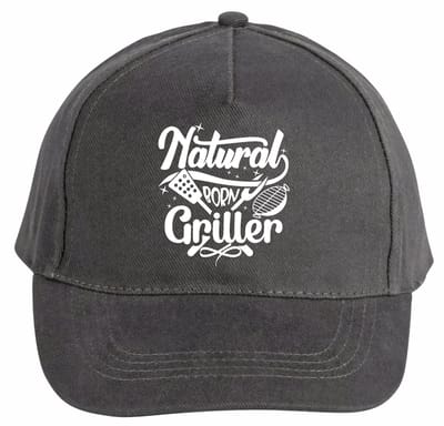 Mijncadeautje - 5 panel - Cap - Verstelbaar - Pet van 100% dik geborsteld katoen- unisex - opdruk wit - Natural Born Griller - chique grijs