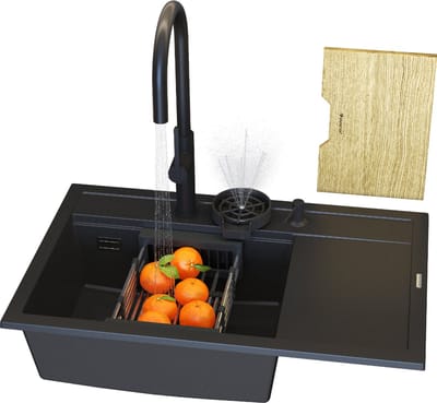 Granitan Spoelbakken Granieten Rendo - Wasbak Keuken Zwart - Met Sifon en Kraan - 80x50x22cm