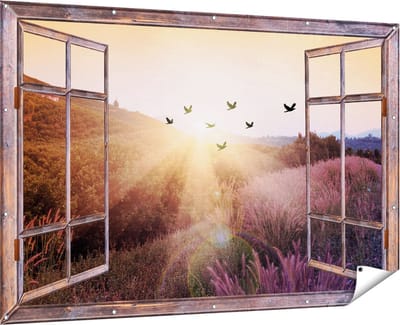 Gards Tuinposter Doorkijk Silhouet Zwerm Vogels bij Zonsondergang - 180x120 cm - Tuindoek - Tuindecoratie - Wanddecoratie buiten - Tuinschilderij
