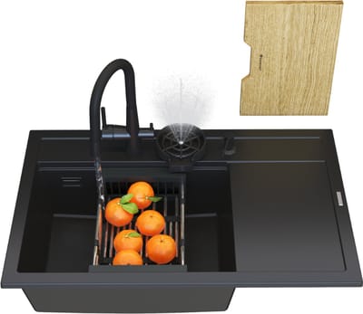 Granitan Spoelbakken Granieten Rendo - Wasbak Keuken Zwart - Met Sifon Kraan Afdruiprek - 80x50x22cm