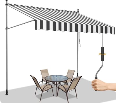 Klemluifel met handslinger, balkon, 400 x 120 cm, balkonluifel zonder boren, uv-bestendig, zonwering, waterdicht, in hoogte verstelbaar, luifel, intrekbaar voor balkon, tuin, wit/grijs, M8781