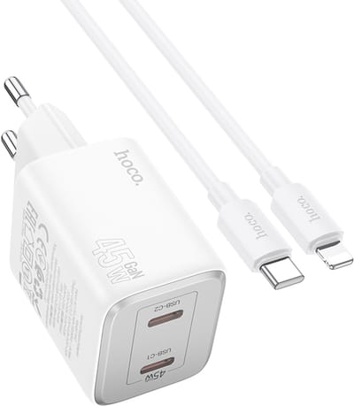 Hoco 45W Snellader - 2in1 Oplader USB C Set met Lightning Kabel Geschikt voor iPhone - Wit