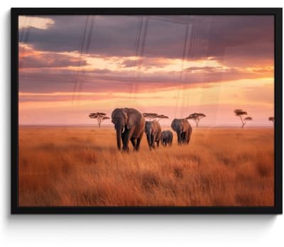 Poster in lijst - Fotolijst 80x60 cm - Posters - Groep olifanten - Open vlakte - Zon - Posterlijst zwart - Decoratie - Wanddecoratie woonkamer - Muurdecoratie slaapkamer